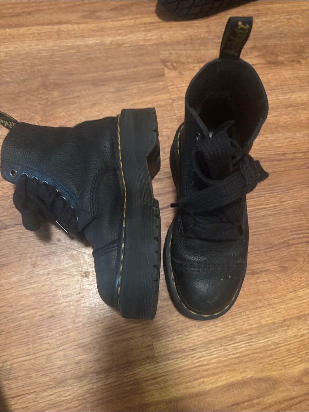 Dr. Martens Black Leather Lace-Up Boots with Yellow Stitching